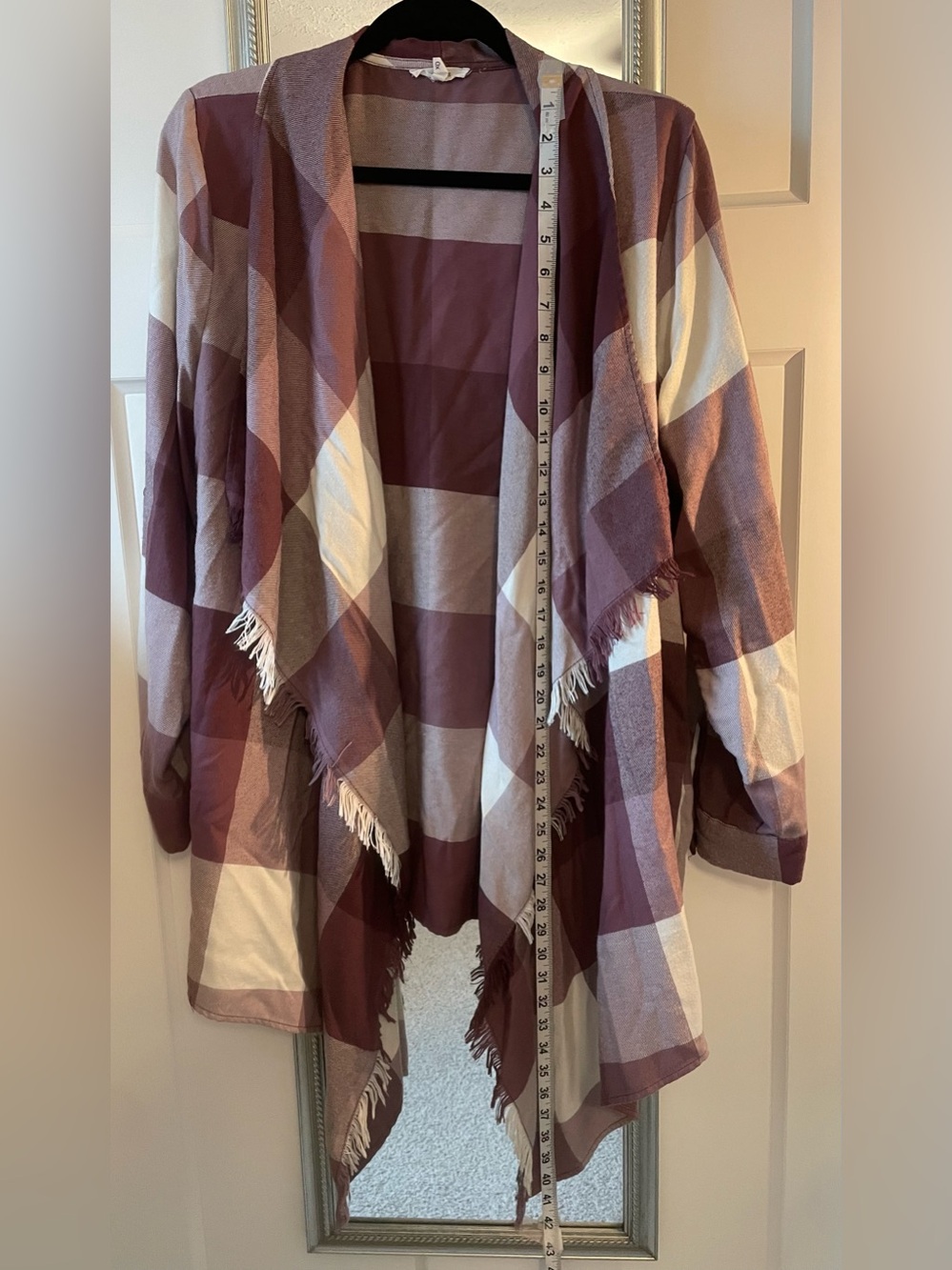 Maurices Plaid Open-Front Fringe Draped Jacket - Wine & Cream